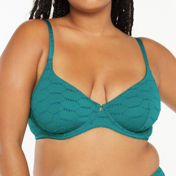 Savage x Fenty | Shimmer Flocked Logo Unlined Bra Teal Shimmer Size 40DDD (40F) - Picture 2 of 13